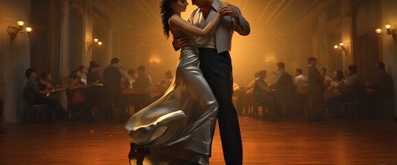 couple dancing tango in the dance hall, legal AI - obrazy, fototapety, plakaty
