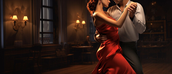 man and woman dancing tango in a dimly lit room, legal AI - obrazy, fototapety, plakaty