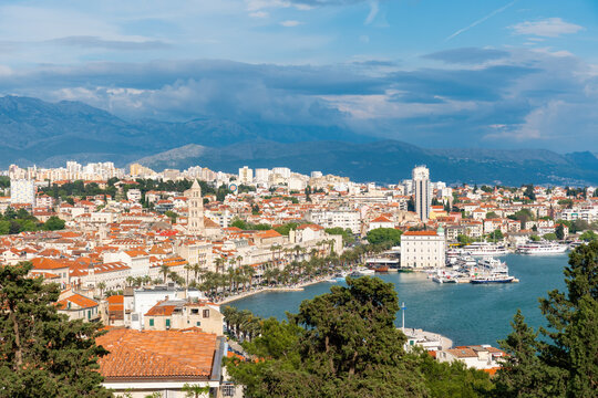 Cityscape of Split city - Dalmatia, Croatia. In 1979, the historic center of Split was included into the UNESCO list of World Heritage Sites. Mosor mountains in background.