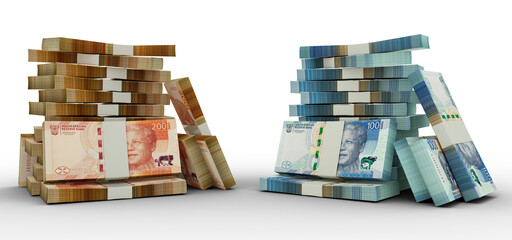3d rendering of Stacks of South African rand notes. bundles of South African currency notes isolated on transparent background