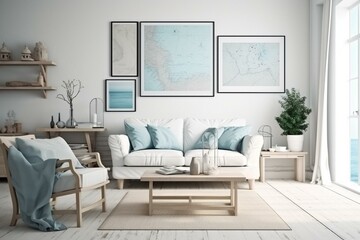 A coastal living room mockup with marine decor & frame in a 3D render. Generative AI