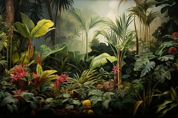 Abundant plants with palm leaves and greenery. Generative AI
