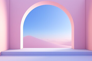A surreal landscape of pastel hues shines through a majestic pink arch against a bright blue sky, creating a beautiful and ethereal vision of walls and buildings