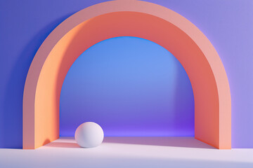 A surreal pastel landscape of a white ball resting on the floor in front of a captivating blue and orange wall evokes a dreamy sense of wonder