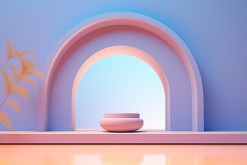 This dream-like scene of a surreal, pastel-hued arch with a vase atop, seamlessly blending into the indoor wall design, evokes a sense of calming beauty