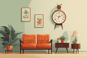 Vintage living room with retro furniture, plants, clock, and frame on neutral wall. Trendy decor. Template. Generative AI