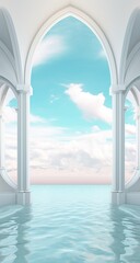 Surreal and pastel hues of aqua and cloud-streaked skies envelope the majestic outdoor archway, its columns reflecting in the still body of water beneath