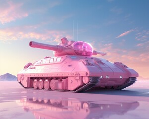 A surreal pastel sky looms overhead as a pink tank rests atop a wet surface, its transport and weapon-like qualities creating a striking contrast between the peacefulness of nature and the danger