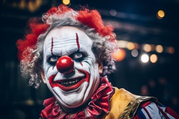 Scary creepy smiling clown circus jester joker villain carnival murderer horror halloween adult man evil expression make-up bizarre dark actor spooky monster face sinister staring frightening close-up - obrazy, fototapety, plakaty