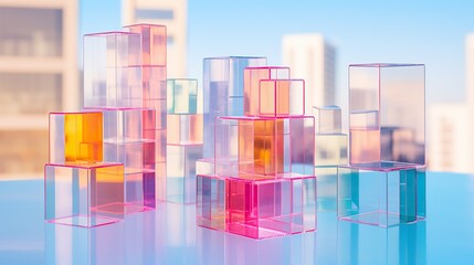 An abstract design of surreal glass cubes, illuminated by pastel colors, sparkles with artful creativity and radiates joy