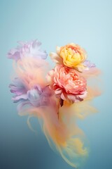 A surreal pastel painting of a peony flower in water, surrounded by billowing smoke, captures the beauty and fragility of nature