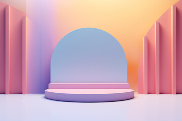 A surreal blend of pastel hues and artful design fill the indoor space, creating a dreamlike atmosphere around the round podium in the center of the colorful wall