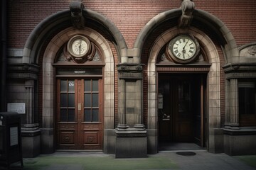 Fototapeta na wymiar A building with two clock faces and a door. Generative AI