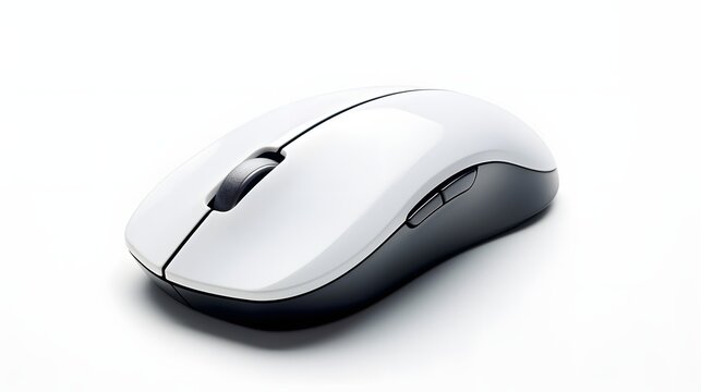 A white wireless computer mouse with a black scroll wheel on a white background