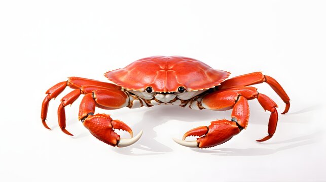 A red crab with white claws on a white background