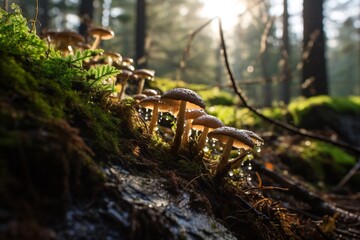 Obraz premium ascent along a pine-lined ridge. Close-up, the foreground is dotted with dew-kissed ferns and delicate mushrooms pushing through the leaf-strewn ground