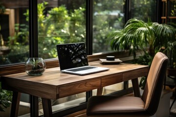 Fototapeta premium Laptop computer in living room surrounded natural generate with Ai.