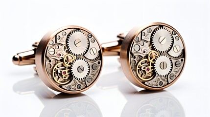 Rose gold cufflinks with a stylish gear and clock design