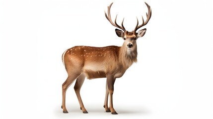 A brown deer with white spots and large antlers on a white background