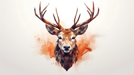 A geometric deer head with large antlers on a white and orange background