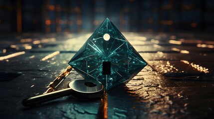 A mysterious key and a crystal lock on a wet stone background