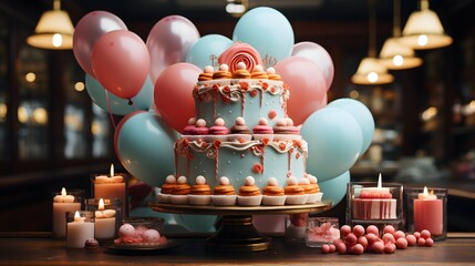 A festive cake with balloons and candles for a special occasion
