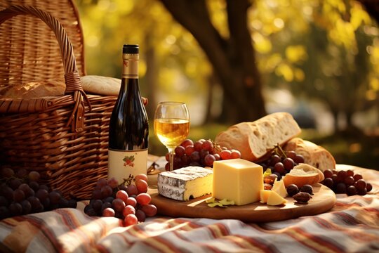 enchanting afternoon amidst the vineyards. A checkered blanket is spread on the grassy floor, laden with a basket of fresh bread, a selection of cheeses, fruits, and a bottle of the vineyard's finest 