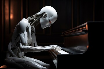 Sci-fi humanoid robot android plays piano robotic fingers touch stylish musical instrument notes technological harmony advanced artificial intelligence people-like futuristic interactions 