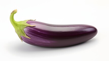 A fresh and glossy eggplant with a green stem on a white background