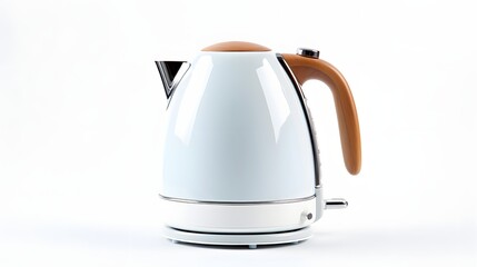 A modern white electric kettle with a wooden handle on a white background