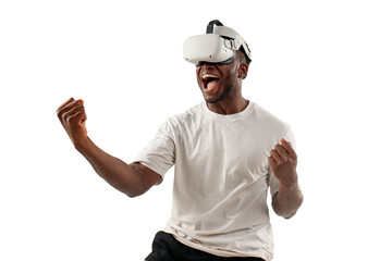 african american male winner in white t-shirt plays and wins in virtual reality glasses