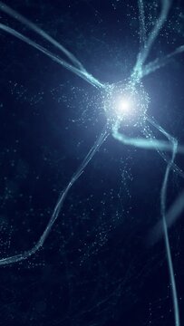 Futuristic nerve cell in digital ai brain with flickering lights. Vertical animation background.