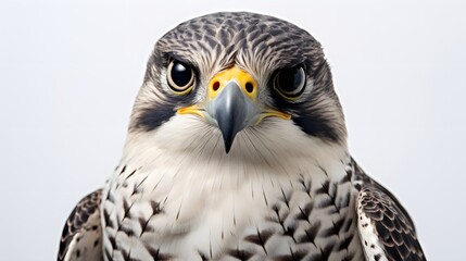 A close-up of a majestic falcon with yellow eyes against a white background