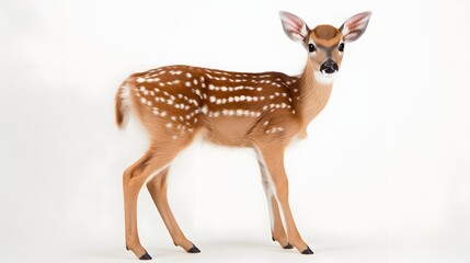 A young deer with a curious expression on a white background