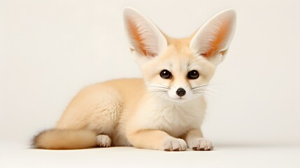 The perfect portrait of a young fennec fox with big ears on white bacground