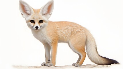 Obraz premium A close-up of a fennec fox with a pointy nose and large ears looking at the viewer on white background