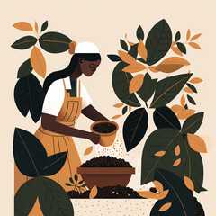 Woman unidentified coffee farmer is harvesting coffee berries in the coffee farm. Specialty coffee packaging design concept. collecting on natural and organic products - obrazy, fototapety, plakaty
