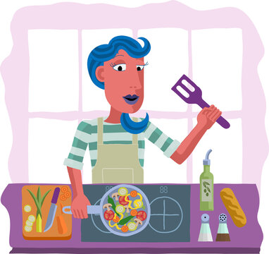 recommend clip art: Woman Cooking Vegetable Curry Chinese Food Kitchen