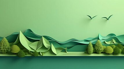 Paper art of green ecology and energy saving for environment conservation concept landing page website template background. 