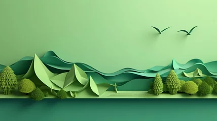 Fotobehang Paper art of green ecology and energy saving for environment conservation concept landing page website template background.  © Mariya Surmacheva