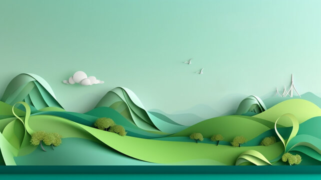 Paper art of green ecology and energy saving for environment conservation concept landing page website template background. 