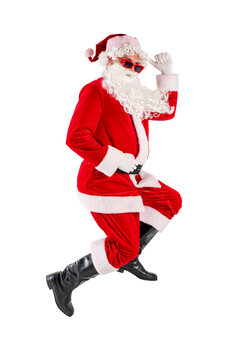 santa claus in red suit with beard in glasses runs fast and hurries on white isolated background