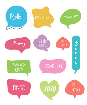 Set of speech bubbles with short phrases yes, thank you, ok, omg, hello, sorry, welcome.