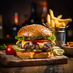 Delicious Beef Burger with French Fries on a Wooden Board, Hamburger, Close-Up