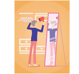 young man standing to set their hair on mirror with happy face