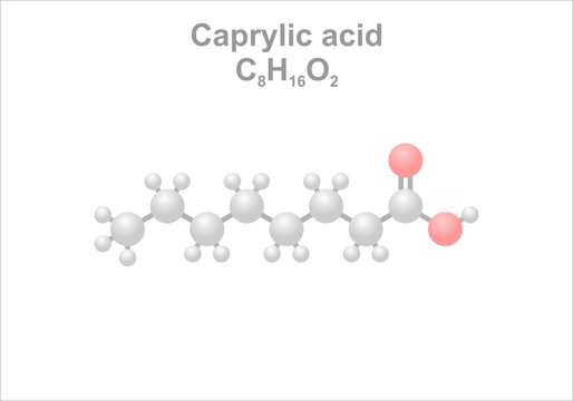 Caprylic acid. Simplified scheme of the molecule. Use for the production of esters. Use as food contact surface sanitizer and pesticide.