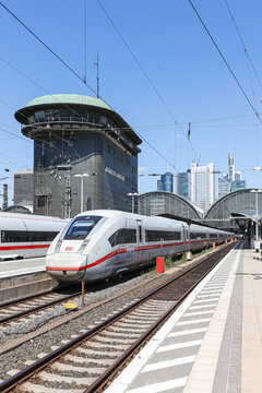 ICE high-speed train of DB Deutsche Bahn at main railway station in Frankfurt, Germany