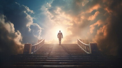 Businessman walk standing on top of stairs. Concept of success career, way up climb top building. Corporate mission job ladder. Achievement and focus to goal, leadership and success.