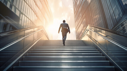 Businessman walk standing on top of stairs. Concept of success career, way up climb top building. Corporate mission job ladder. Achievement and focus to goal, leadership and success.