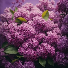 Branch of lilac flowers with green leaves, floral natural seasonal hipster background. Generative AI
